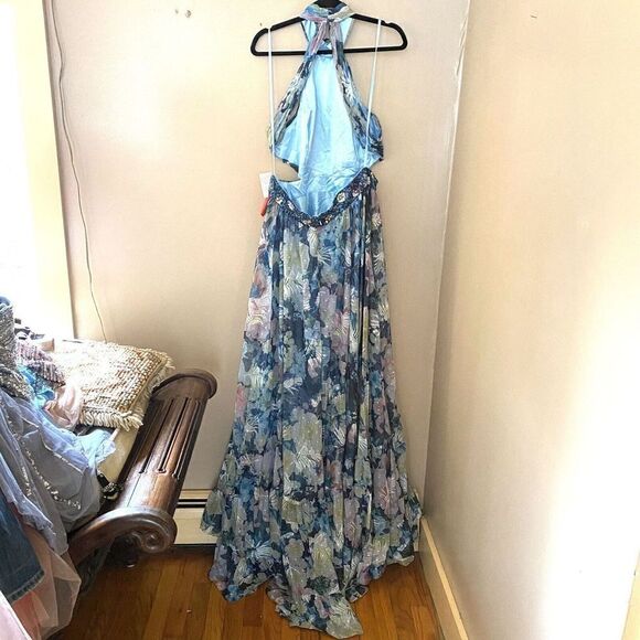 Mac Duggal Floral Halter Cut Out Evening Gown Beaded Belt Ruffle Dress Sz 12 NWT - Picture 4 of 9